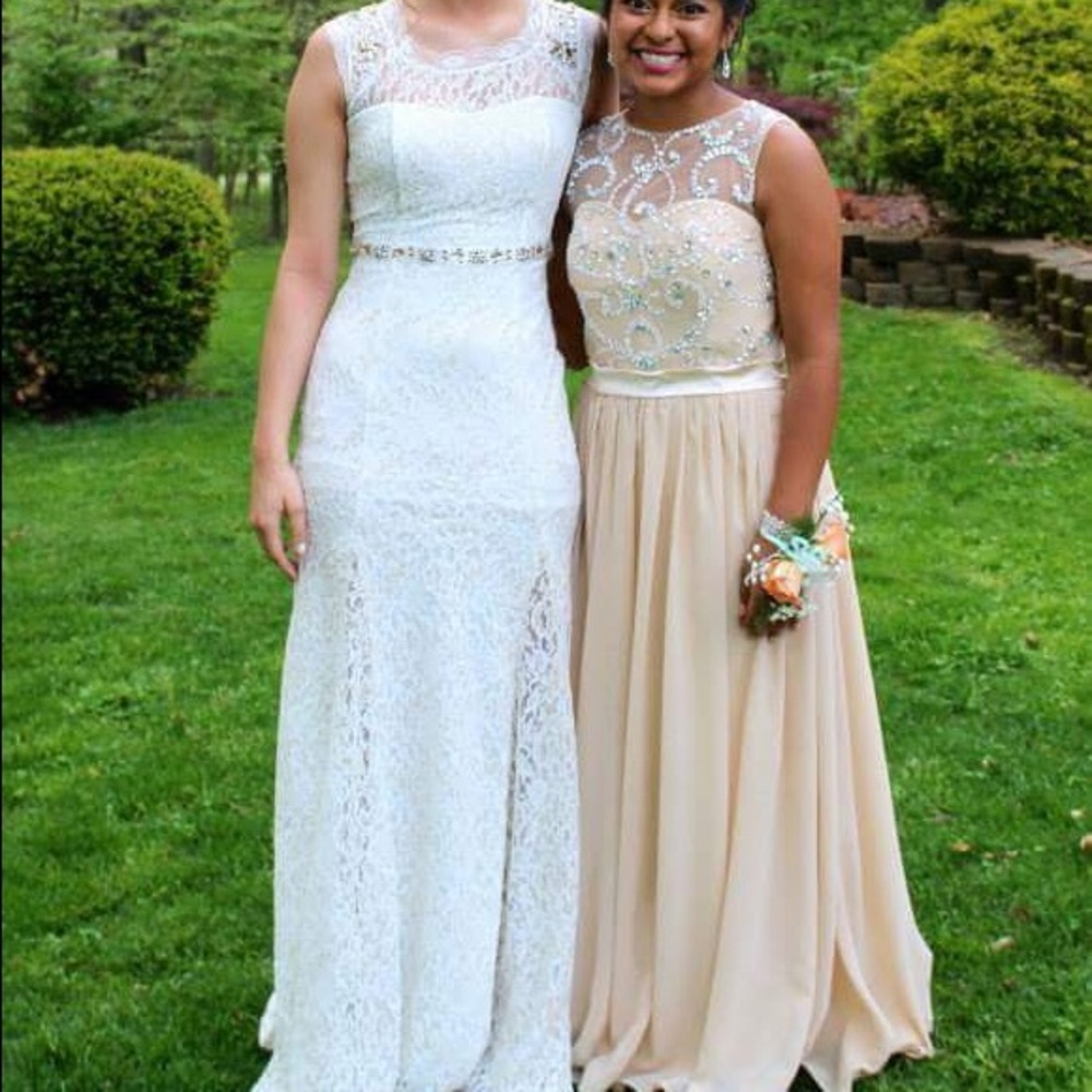 White and gold lace prom dress